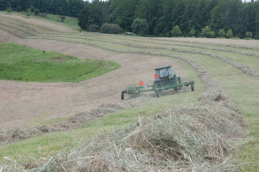 Tractor cutting hay in a field