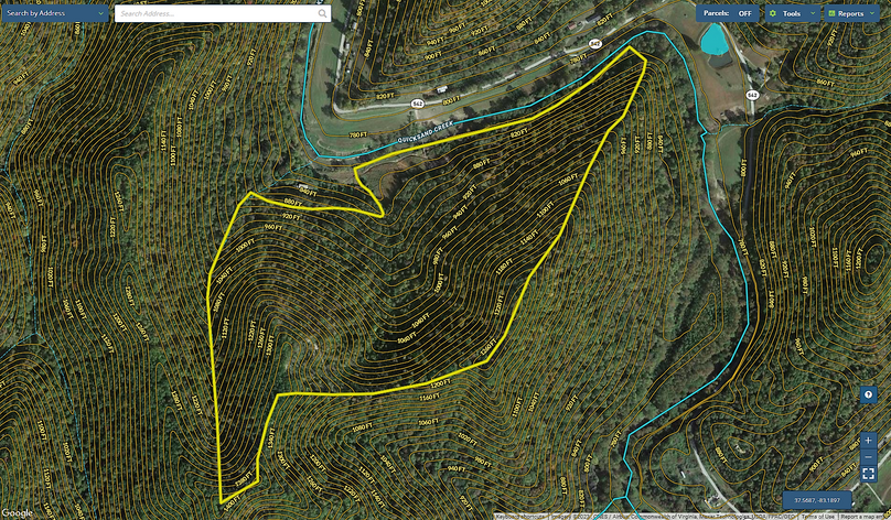 019 Breathitt 76 Mapright aerial zoomed in with contour lines and water features