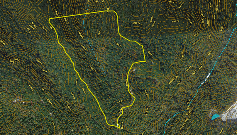 022 Powell 60 Land ID aerial zoomed in with contour lines and water features