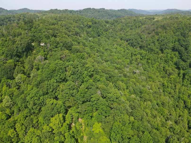 023 aerial view looking up the valley with some limestone cliff outcroppings