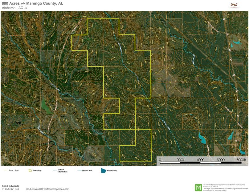 Contour map overview - approx. 880 acres marengo county, al