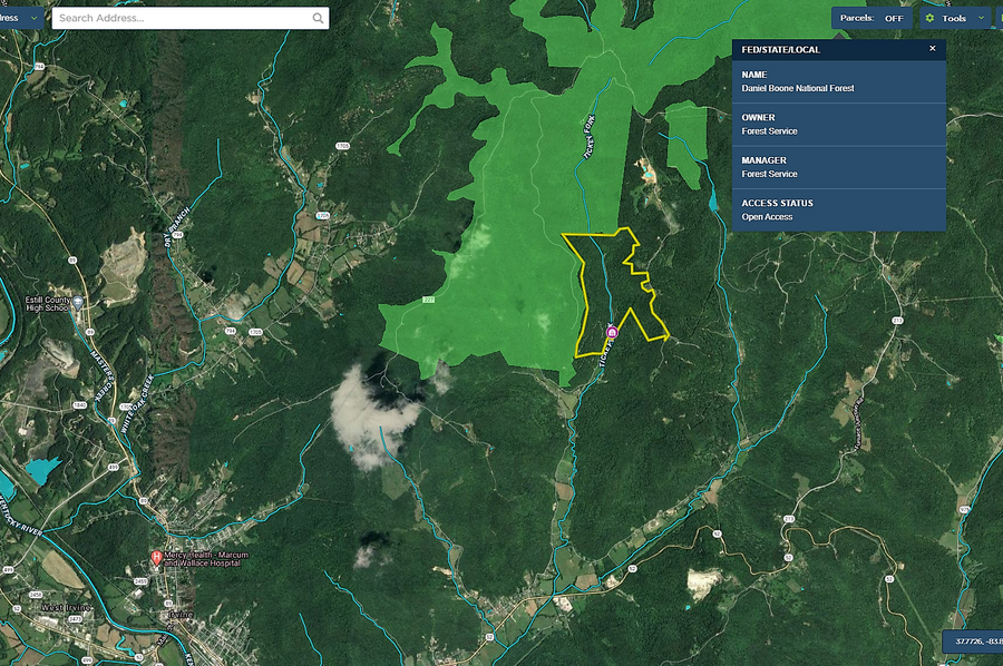 029 estill 210 mapright aerial with water features and public land boundaries