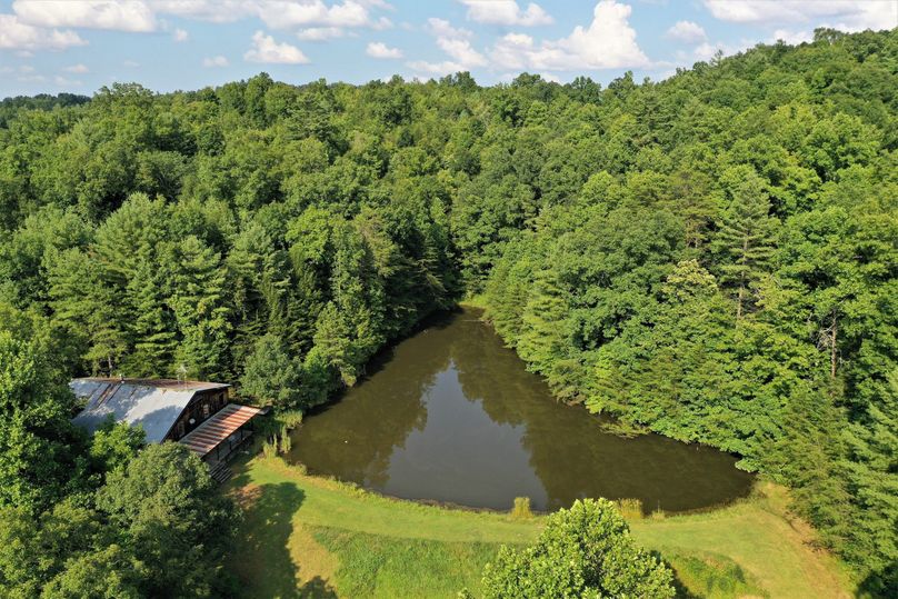 001 low elevation aerial drone shot of the pond and cabin