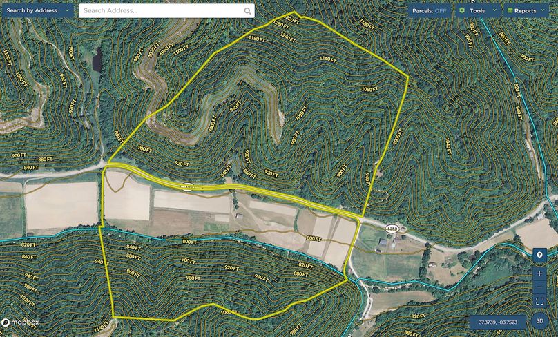 022 Owsley 121 Mapright aerial zoomed in with contour lines and water features copy