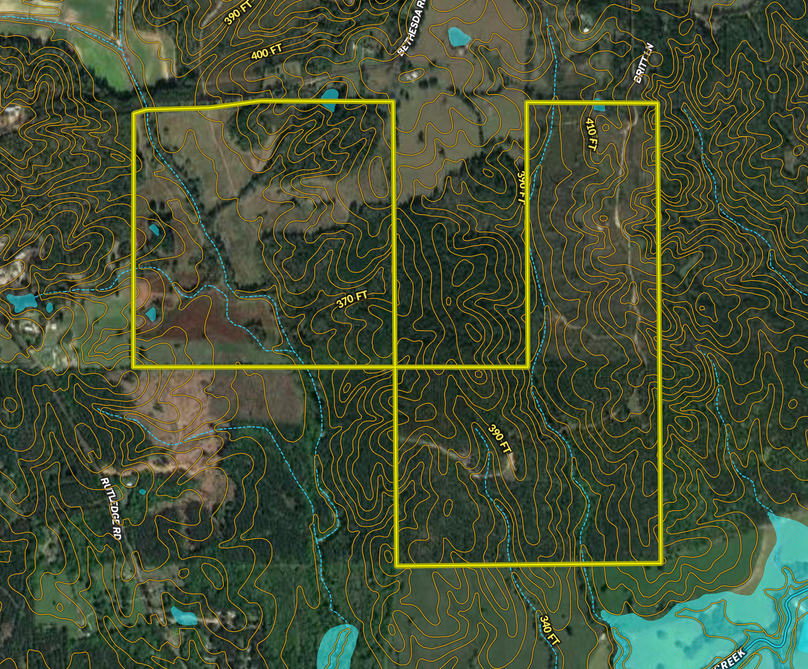 Copiah, 360 Acres, Contour Lines and Water Features