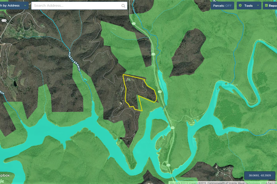 034 Rowan 63.7 Mapright aerial zoomed out with water features and National Forest areas