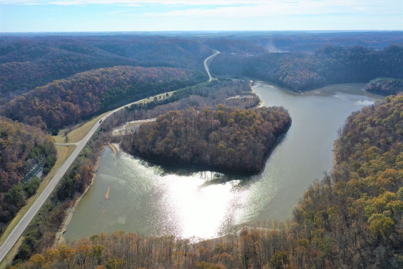 026 drone aerial shot from the south boundary overlooking Cave Run Lake and the boat ramp