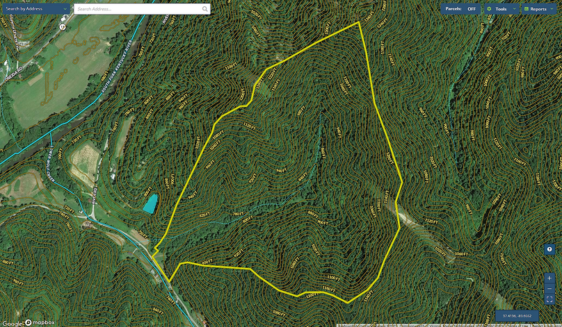 022 Owsley 127 Mapright aerial zoomed in with contour lines and water features