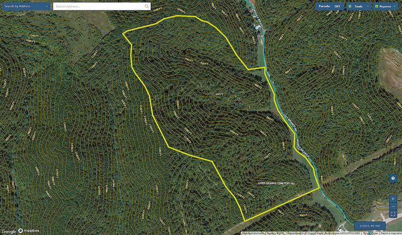 015 Morgan 78 Mapright aerial zoomed in with contour lines and water features
