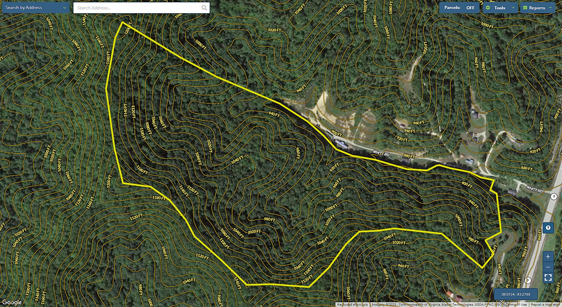 030 Morgan 55 Mapright aerial zoomed in with contour lines and water features
