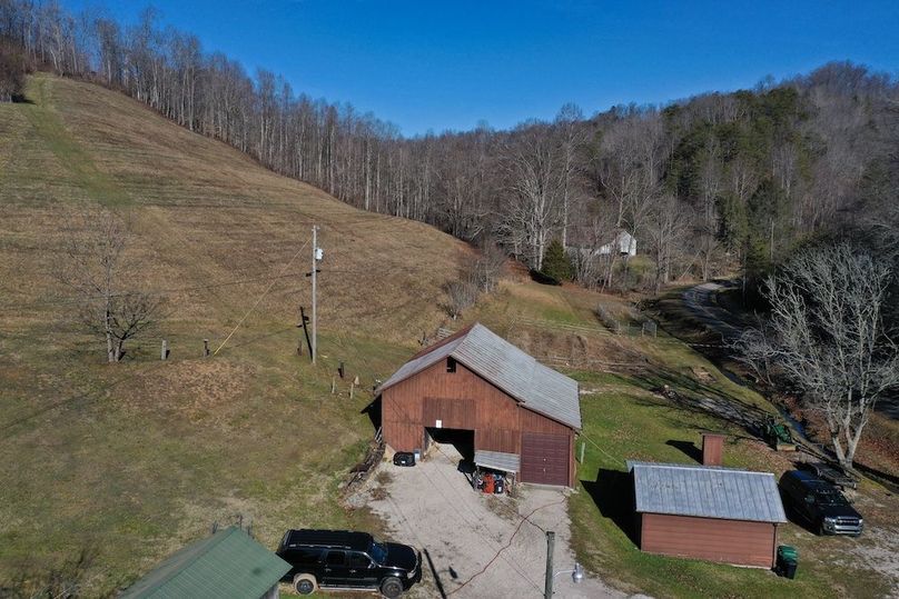 022 aerial drone shot of the garage and barn