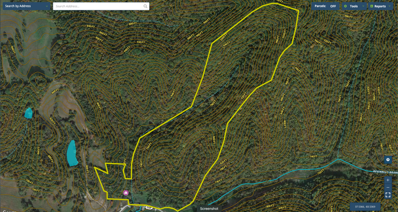 022 Breathitt 59 Mapright aerial zoomed in with contour lines and water features