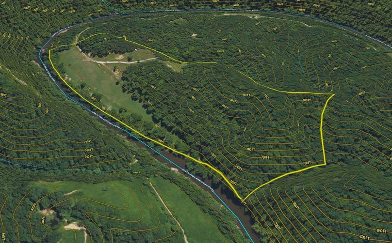 030 Breathitt 47 Land ID map zoomed in 3D viewed from the west boundary looking up the river to the east