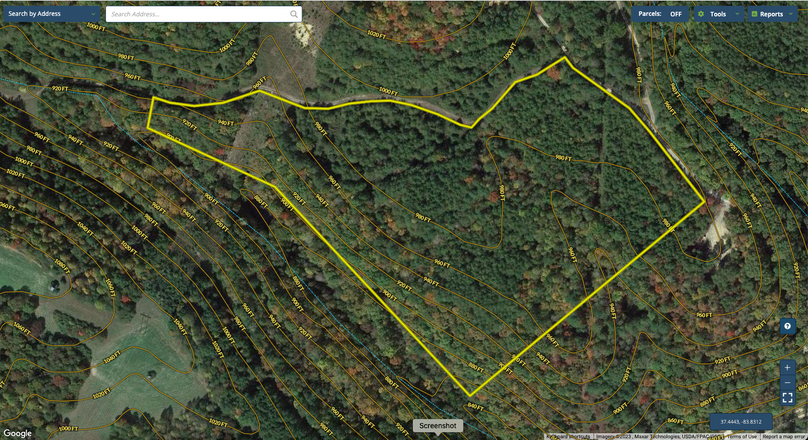 016 Owsley 16.2 Mapright aerial zoomed in with contour lines and water features