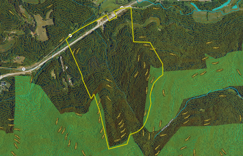 01 McCreary 288 Land ID map zoomed in with contour lines, water features and National Forest layers on