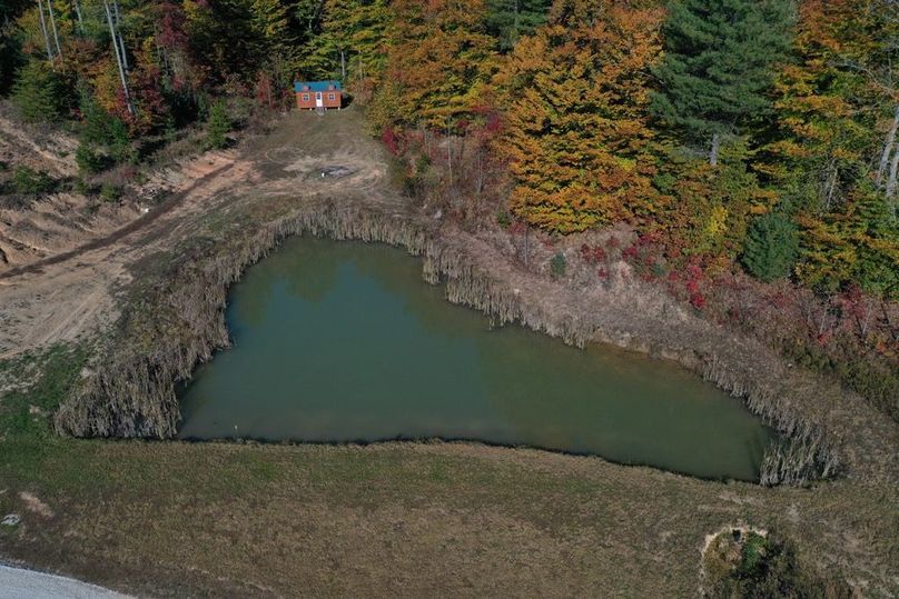 007 aerial drone shot of the pond that sits adjacent to the log home 