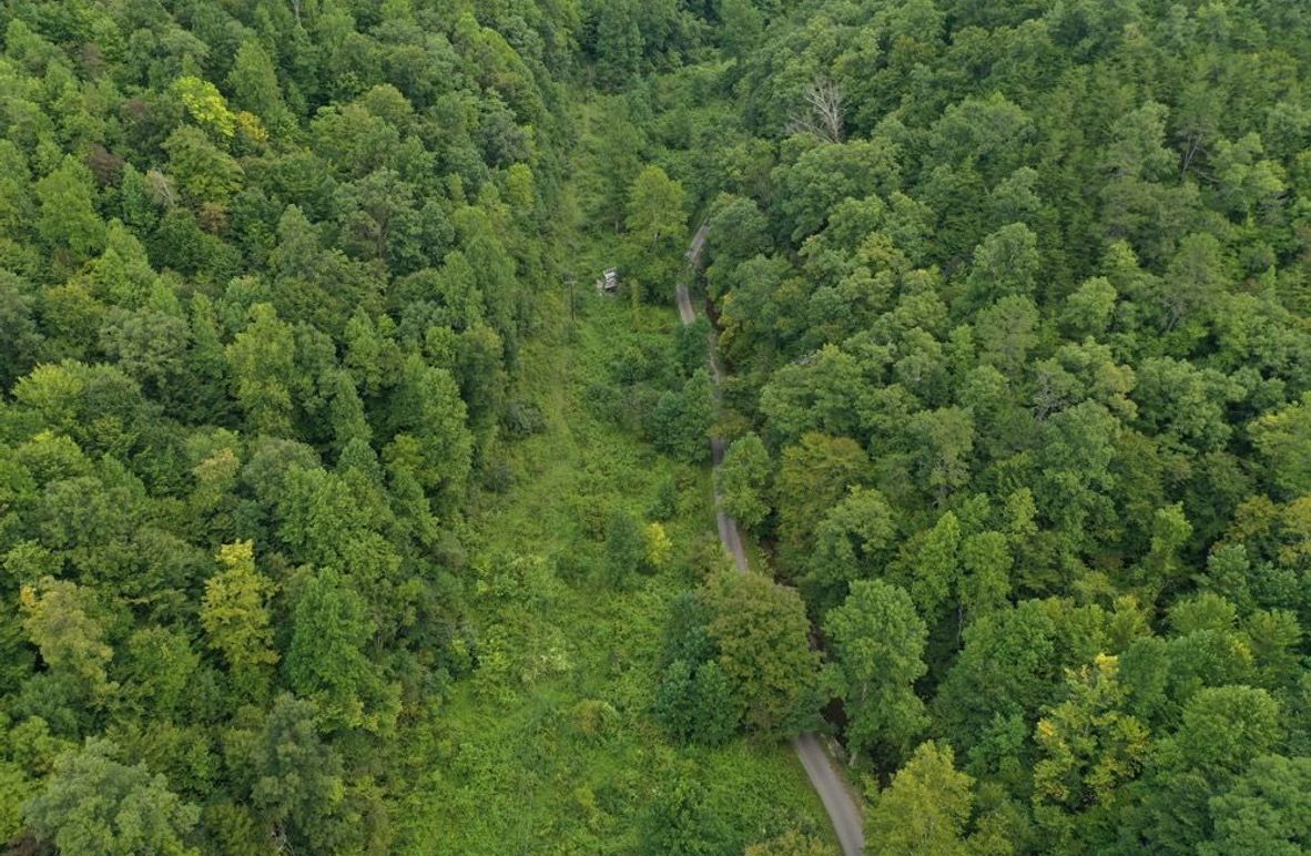 002 low elevation drone shot of the valley with the field area along the road