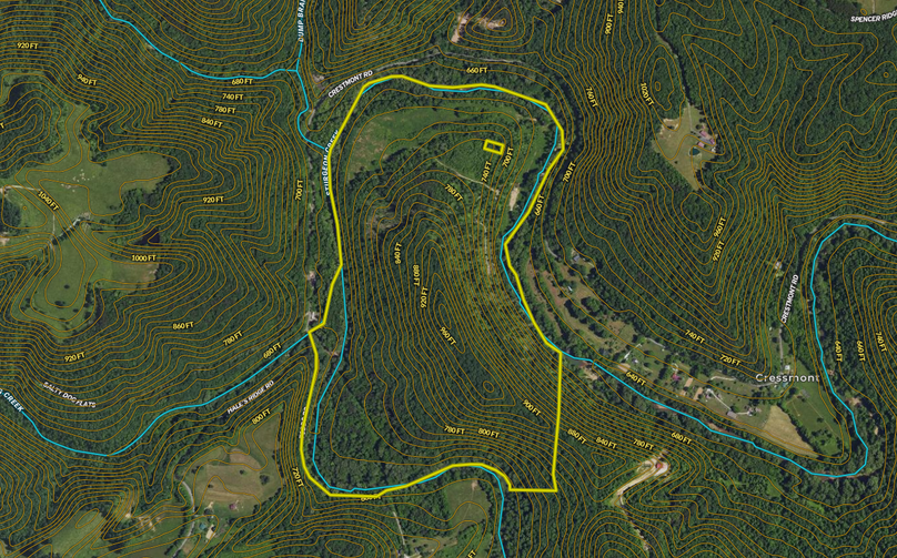 Land ID map zoomed in with contour lines and water features