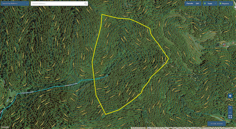 026 Owsley 48 Mapright aerial zoomed in with contour lines and water features