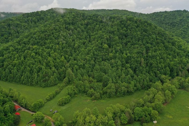 020 aerial drone shot looking across the west portion of the property and the Daniel Boone National Forest