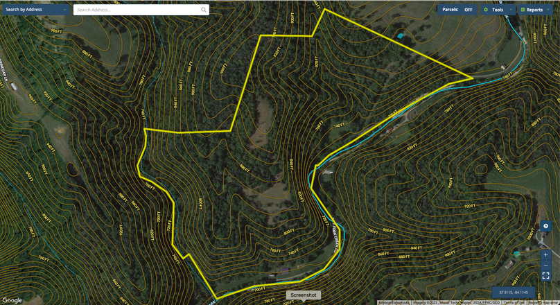 027 Clark 92.25 Mapright aerial zoomed in with water features and contour lines